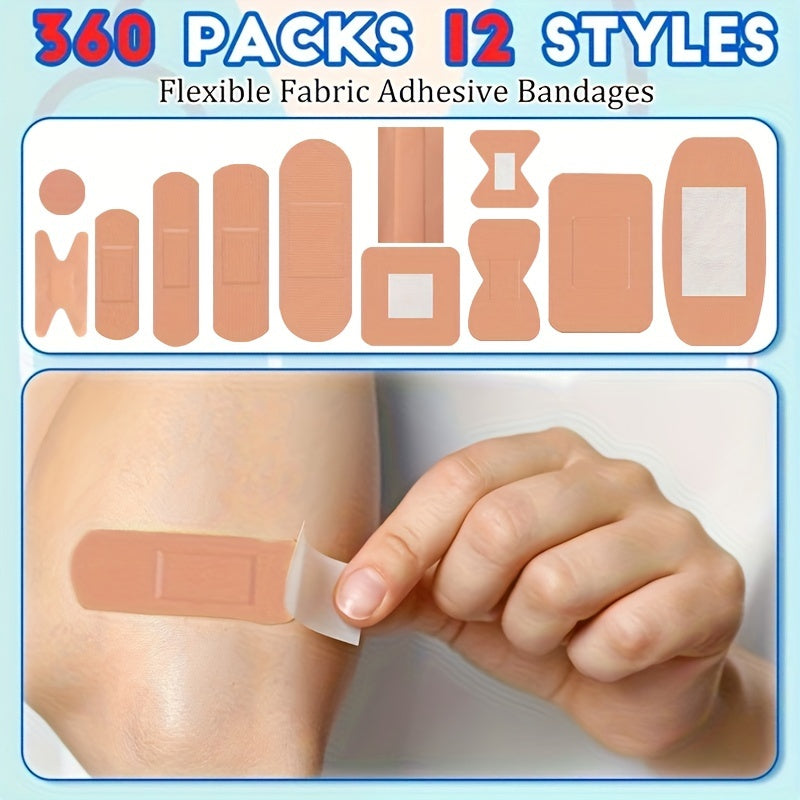 180/360pcs Flexible Fabric Adhesive Bandages - Assorted Styles, Breathable for Fingertips & Knuckles, Various Sizes for First Aid & Wound Care