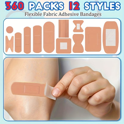 180/360pcs Flexible Fabric Adhesive Bandages - Assorted Styles, Breathable for Fingertips & Knuckles, Various Sizes for First Aid & Wound Care