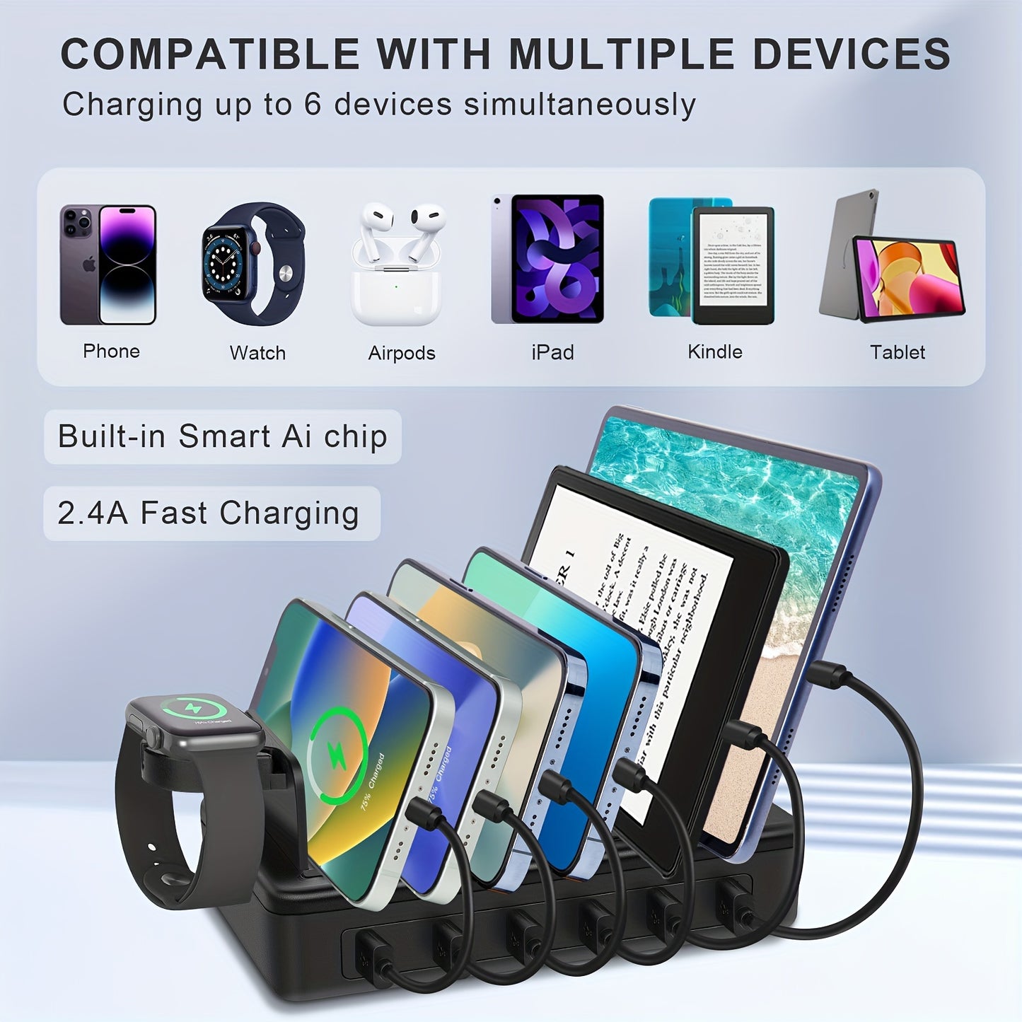 50W Fast Charging Station – 6-Port USB Charger with 10-Slot Detachable Dividers and Watch Holder, Compatible with Phone, iPad, Kindle, Tablet (Includes 6 Short Cables)