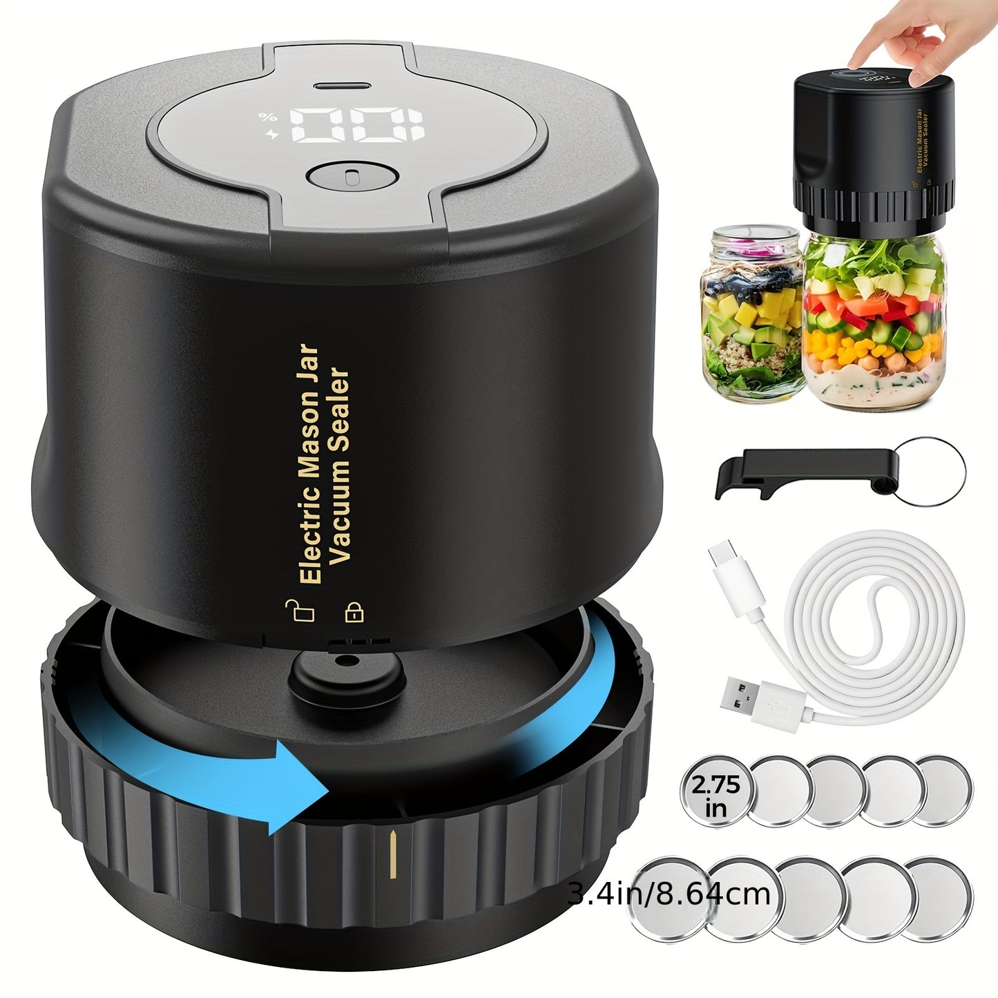 Electric Mason Jar Vacuum Sealer Kit - Automatic Vacuum Sealing System for Canning and Food Storage - Fits Regular and Wide Mouth Lids, Includes Can Opener and Easy-to-Use Interface