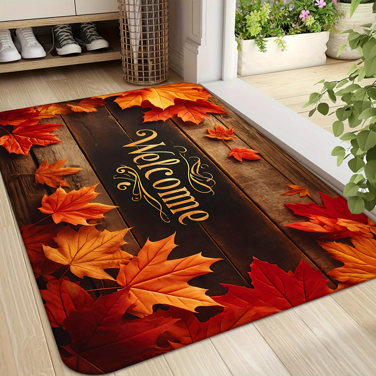 Autumn Maple Leaves Welcome Doormat – Non-Slip, Machine Washable Polyester Flannel Mat, Durable and Fade Resistant for Living Room, Bedroom, Kitchen