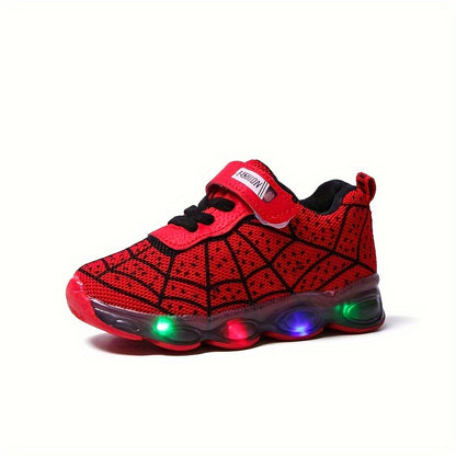 Casual Spider Net Woven Shoes with LED Lights for Boys – Breathable Non-Slip Sneakers for Walking, Running, and Training