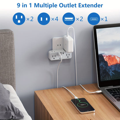 6 Outlets Wall Charger with 3 USB Ports – Hidden Plug 2-Prong to 3-Prong Outlet Adapter for America