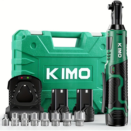 KIMO Cordless Electric Ratchet Wrench Set - 40 Ft-lbs, 400 RPM, 3/8" 12V Kit with 60-Min Fast Charge, Variable Speed Trigger, 2-Pack Lithium-Ion Batteries, 8 Sockets