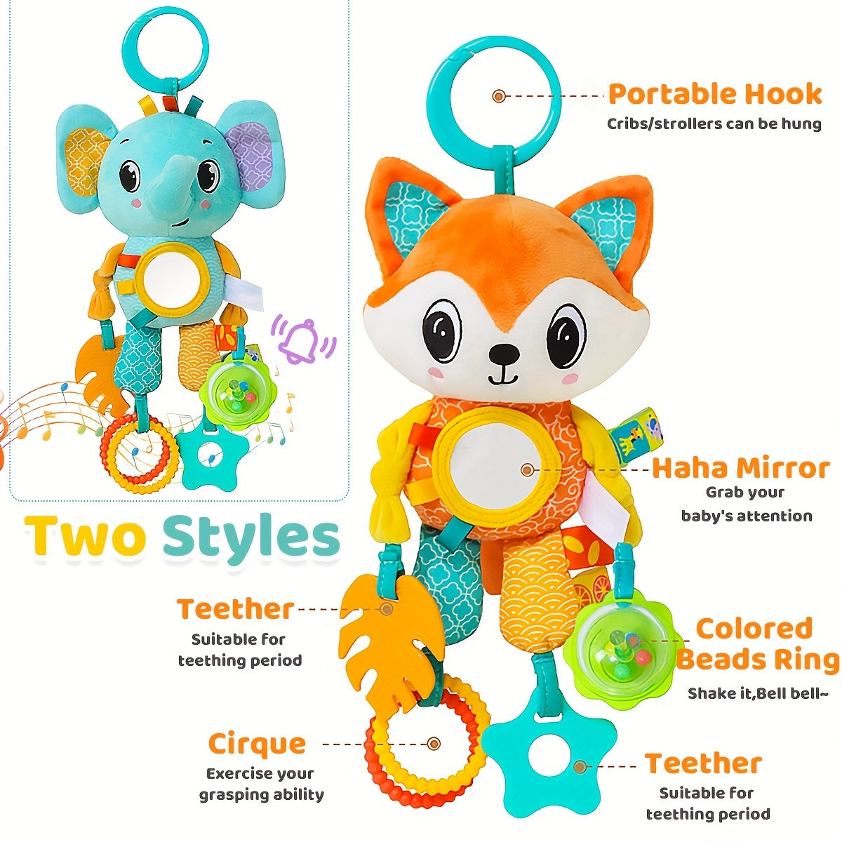 [Top-Rated] Cartoon Animal Crib Hanging Rattle Toy with Ringing Bell - Perfect for Babies 0-3 Years, Stroller and Car Seat Accessory, Random Color