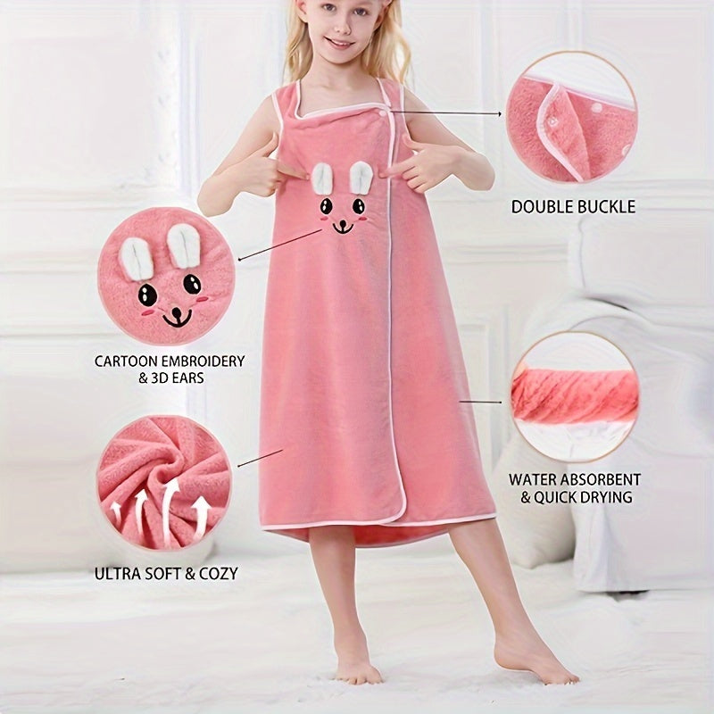 Kids Microfiber Bath Wrap Towel - Rabbit Embroidered, Absorbent and Quick-Drying, Super Soft Wearable Towel for Girls - Ideal for Bathroom, Bedroom, Spa - Perfect Gift