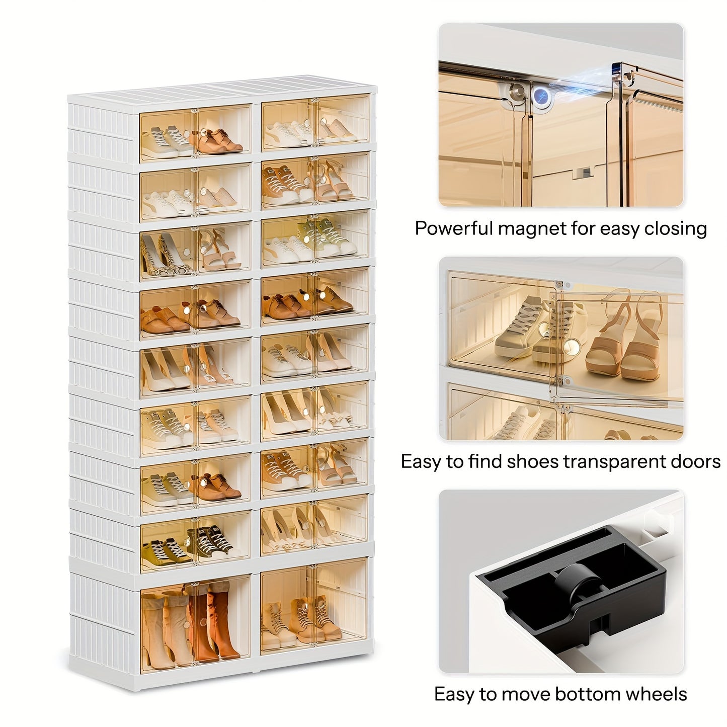 3/9-Tier Foldable Shoe Rack Organizer - Collapsible Plastic Shoe Storage with Clear Boxes, Stackable with Doors, Easy Assembly, Large Shoe Cabinet for Closet and Display