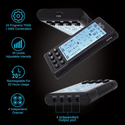 Belifu 4-Channel TENS EMS Device - 24 Modes, 30 Levels Muscle Stimulator, Rechargeable Electric Pulse Massager for Pain Relief