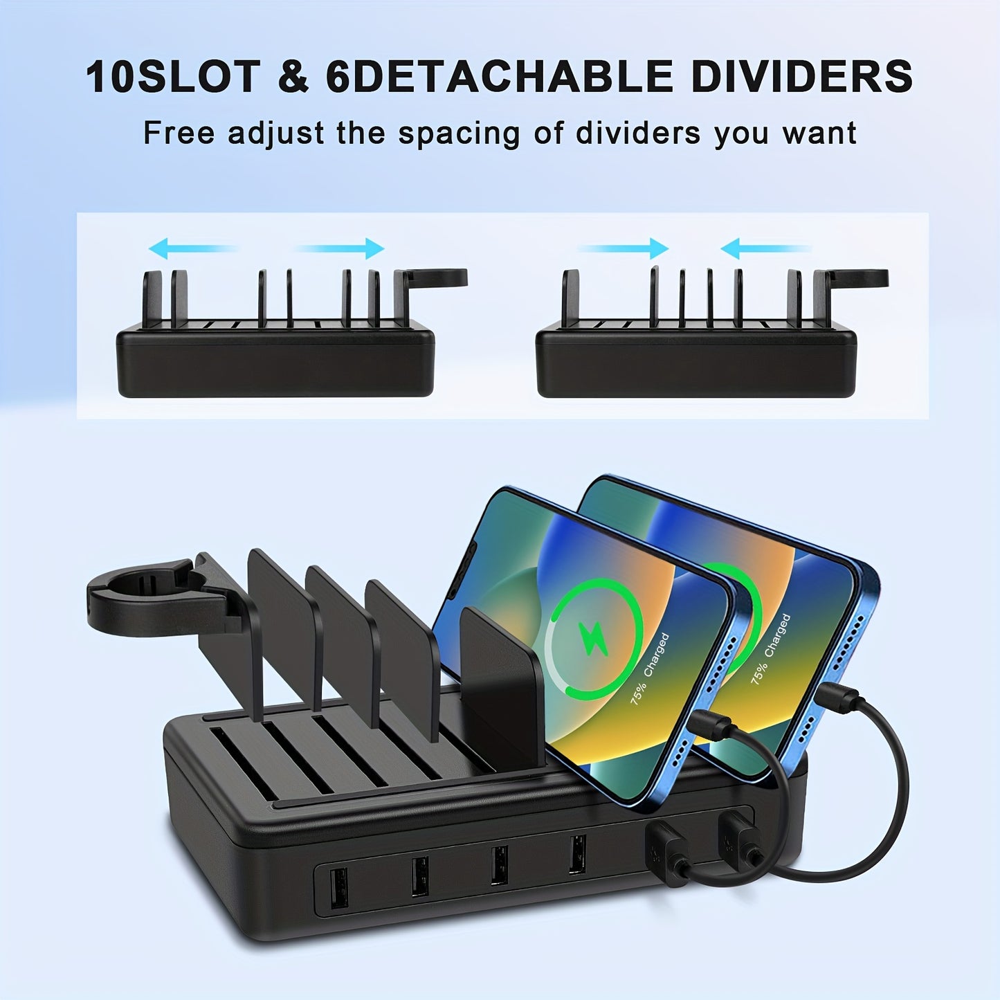 50W Fast Charging Station – 6-Port USB Charger with 10-Slot Detachable Dividers and Watch Holder, Compatible with Phone, iPad, Kindle, Tablet (Includes 6 Short Cables)