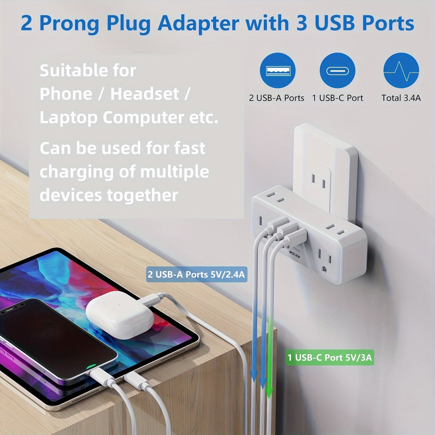 6 Outlets Wall Charger with 3 USB Ports – Hidden Plug 2-Prong to 3-Prong Outlet Adapter for America