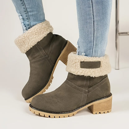 Vintage Style Women's Ankle Boots - Winter Casual, Chunky Heel, Plush Lining, TPR Sole, Hand Washable