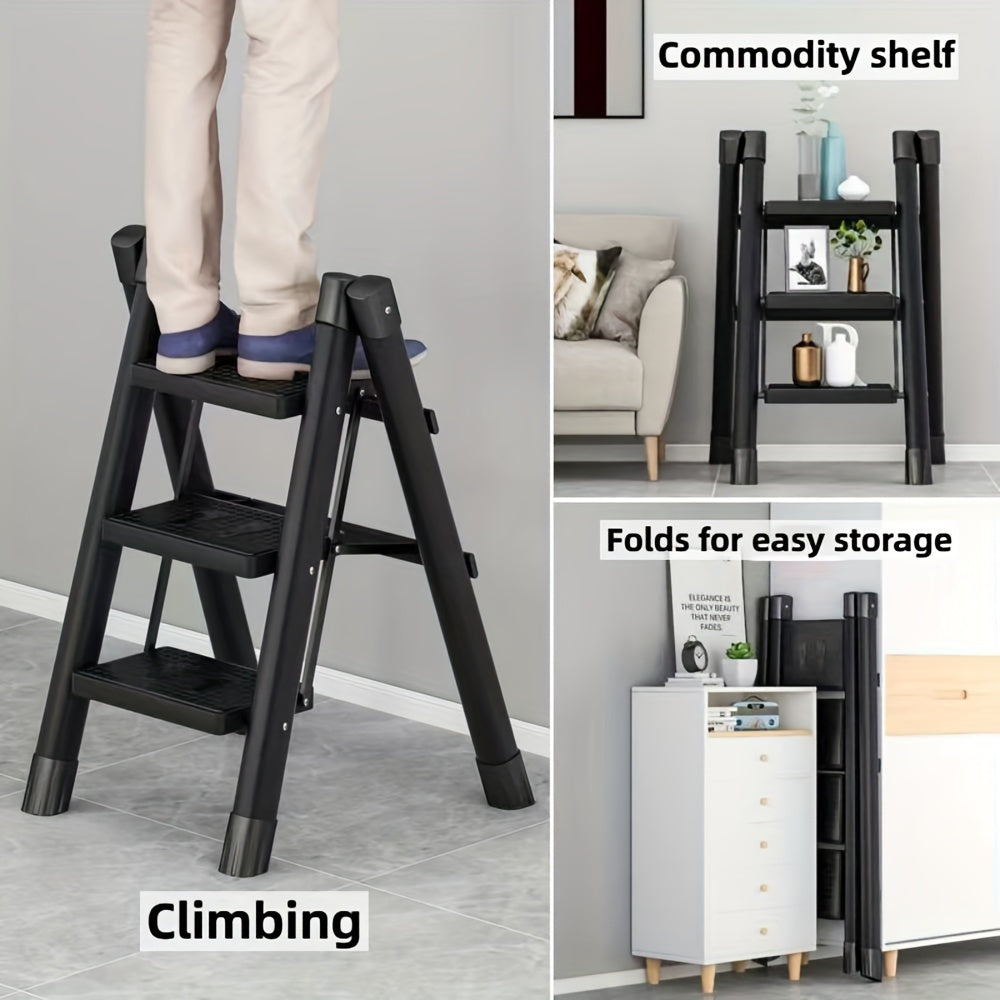 3 Step Folding Ladder - Sturdy Steel Construction, Anti-Slip Pedal, 330 Lbs Capacity, Portable Handrail Support, Ideal for Kitchen, Household and Indoor Tasks, Space-Saving and Easy to Store