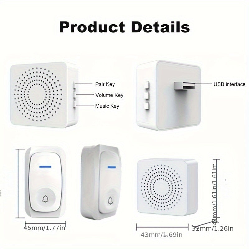 Wireless Doorbell with 38 Smart Tones – Outdoor Electronic Doorbell, USB Rechargeable, Remote Control, Elderly Alarm, and Wireless Calling