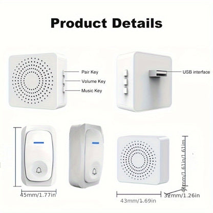 Wireless Doorbell with 38 Smart Tones – Outdoor Electronic Doorbell, USB Rechargeable, Remote Control, Elderly Alarm, and Wireless Calling