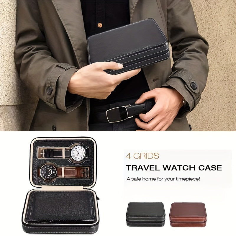 Luxury 4 Slot Black Faux Leather Watch Case with Zipper - Portable Travel Organizer for Watches, Jewelry and Accessories