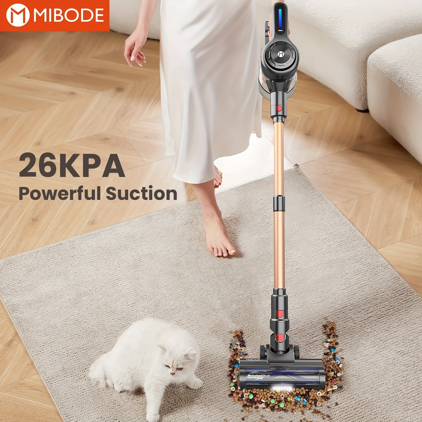 MIBODE Cordless Vacuum Cleaner - 26Kpa Powerful Stick Vacuum, 45min Runtime, Anti-Tangle, Rechargeable Wireless, 50.72oz Dust Cup, For Hardwood Floors, Carpet and Pet Hair