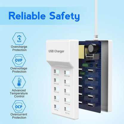 50W 10-Port USB Charging Station - Intelligent Short Circuit Protection and Efficient Current Distribution for Multiple Devices