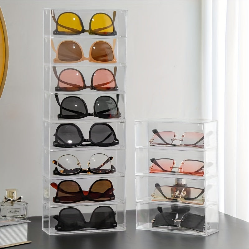 4 Tier Acrylic Sunglass Display Case with Drawers - Clear, Hard Eyeglass Organizer Box for Women, Stackable Storage for Eyewear Collection