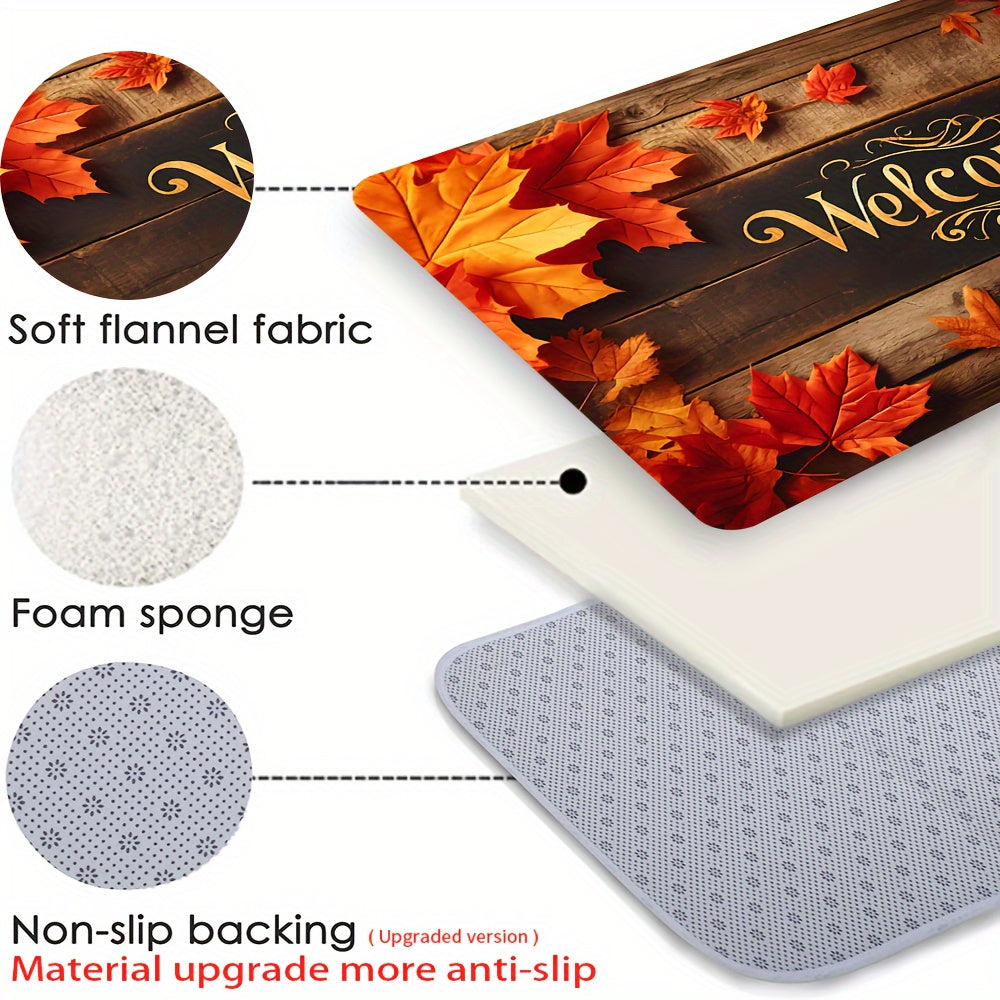 Autumn Maple Leaves Welcome Doormat – Non-Slip, Machine Washable Polyester Flannel Mat, Durable and Fade Resistant for Living Room, Bedroom, Kitchen