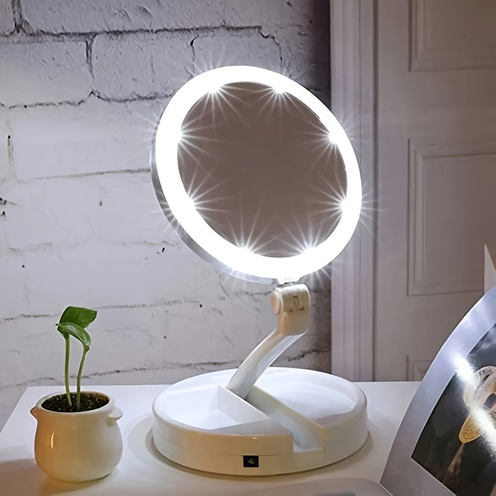 LED Lighted Makeup Mirror with 1/10X Magnification – Round, Illuminated, Foldable, Portable Beauty Mirror with Storage Box