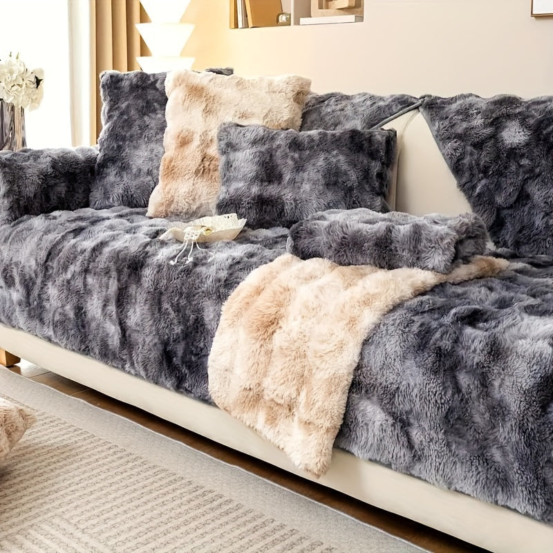 Luxurious Gradient Velvet Sofa Cover – Faux Rabbit Fur, Pet-Friendly, Dog-Approved, Thick Plush Couch Protector, Non-Slip, Machine Washable for Living Room, Bedroom, Office