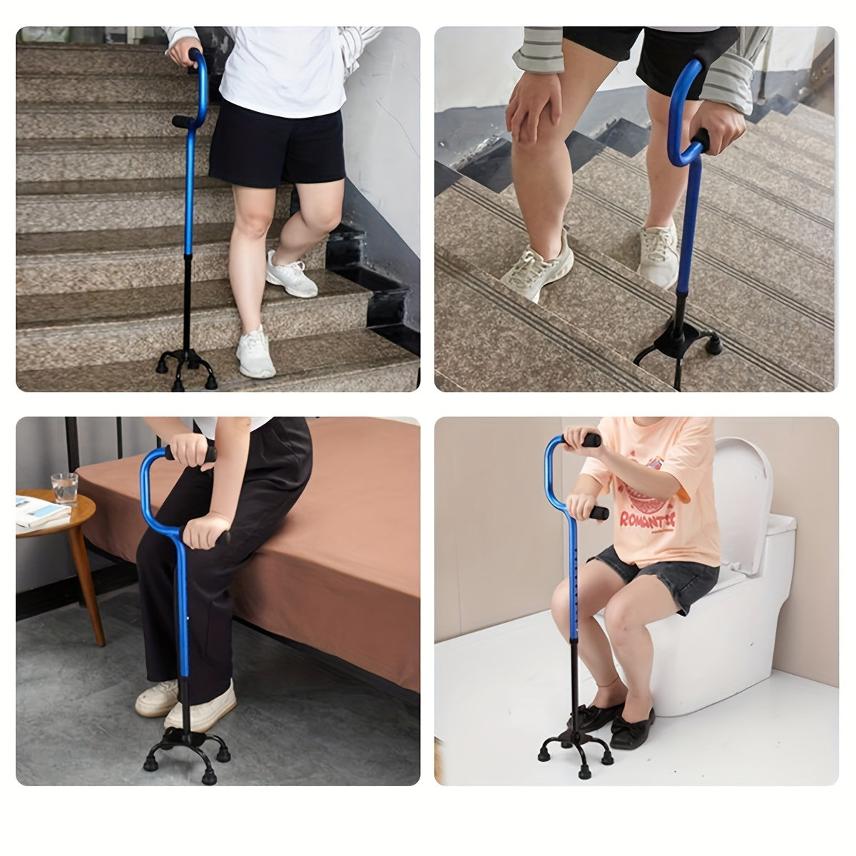 Four-Legged Crutches for the Elderly – Non-Slip Walking Stick, Quadrangular Design with Ascending and Retracting Features, Available in Blue/Red