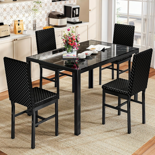 5 Piece Modern Luxurious Dining Room Table Set - Tempered Glass Top, Metal Frame, Faux Leather Chairs, Counter Height for 4 Person Breakfast Nook