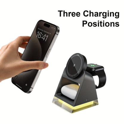 High-Quality 3 in 1 Magnetic Wireless Charger - 15W for Mobile Phones, 5W for Smart Watches and Headsets, with LED Touch Night Light