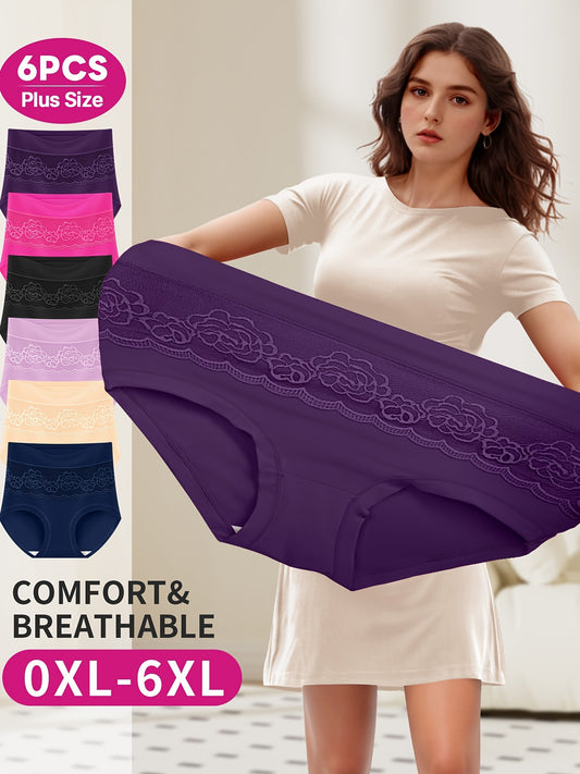 6 Piece Plus Size High-Waist Tummy Control Panties for Women - Breathable Mesh with Elegant Rose Pattern, Comfort Fit