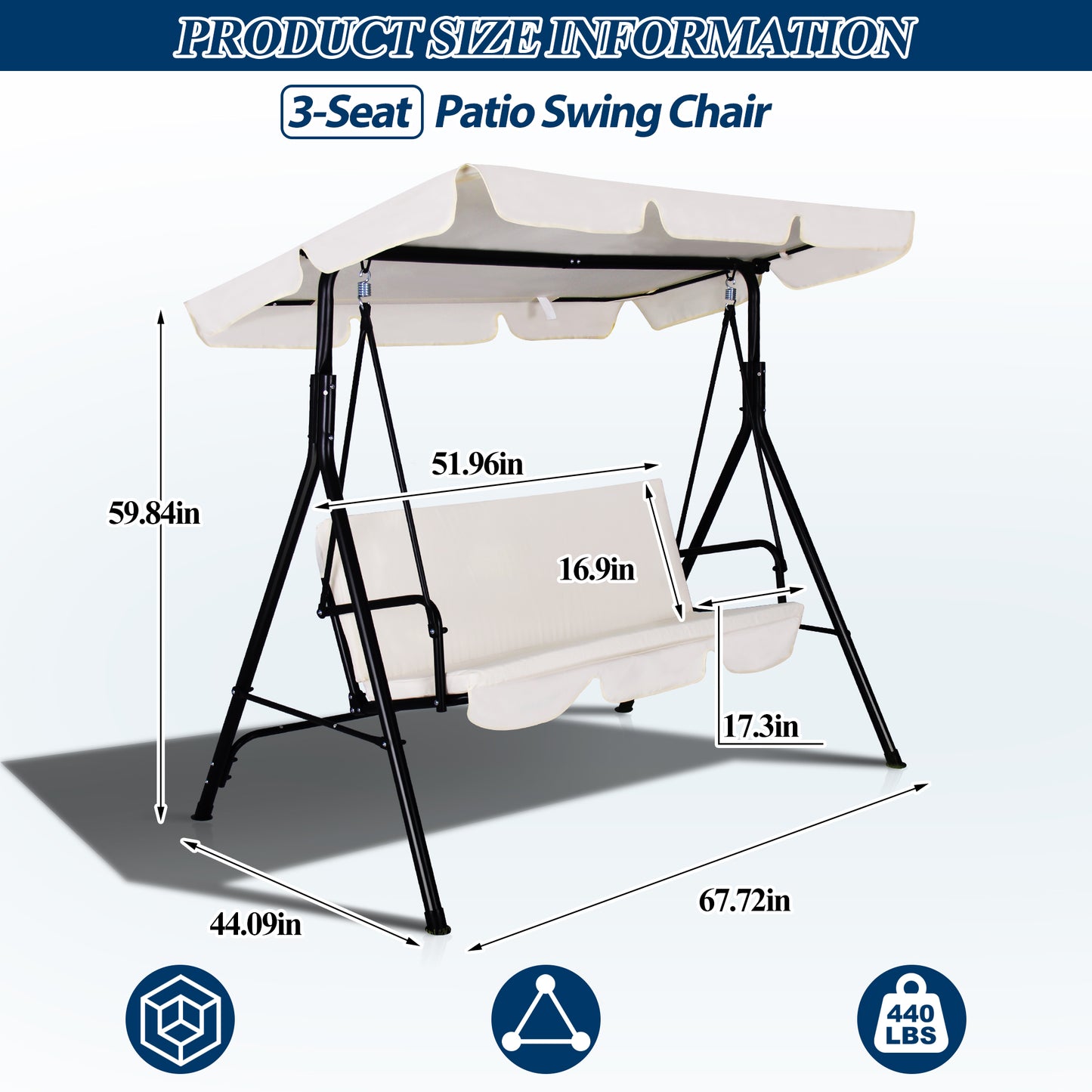 COVERONICS 3-Seat Outdoor Porch Swing – Patio Swing Chair with Adjustable Canopy, Durable Metal Frame, and Removable Cushions – Ideal for Backyard, Terrace, Lawn