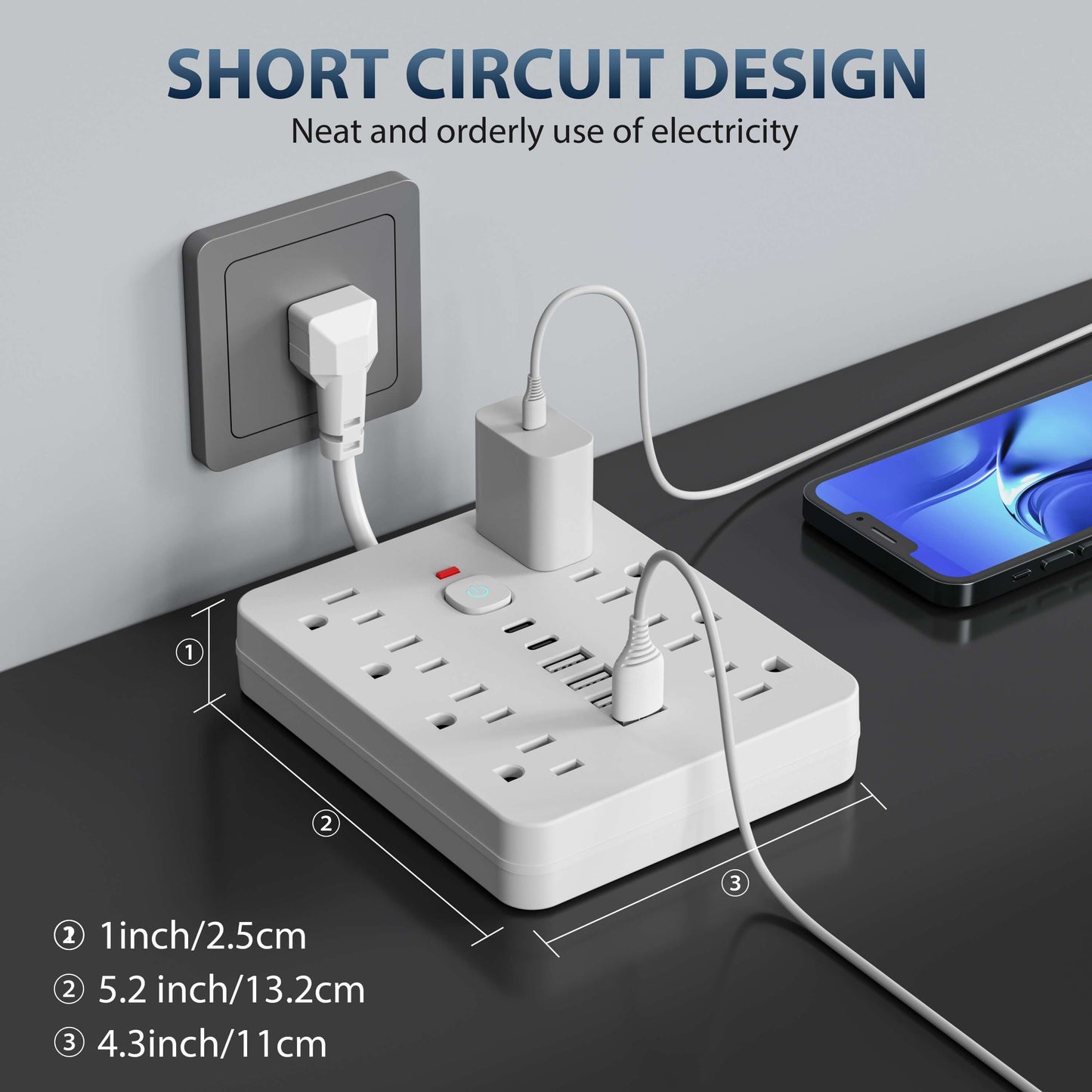 Multi-Functional Power Strip with Switch and Surge Protection – 14 in 1 Outlet with 8 Power Outlets, 4 USB, and 2 Type-C Ports for Office, Home, and Travel