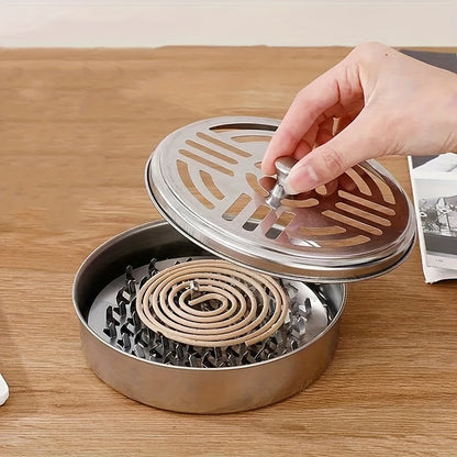 Stainless Steel Mosquito Coil Incense Burner with Lid – Fireproof and Heat-Resistant Ashtray for Indoor and Outdoor Use, Ideal for Living Rooms, Bedrooms, and Pest Control