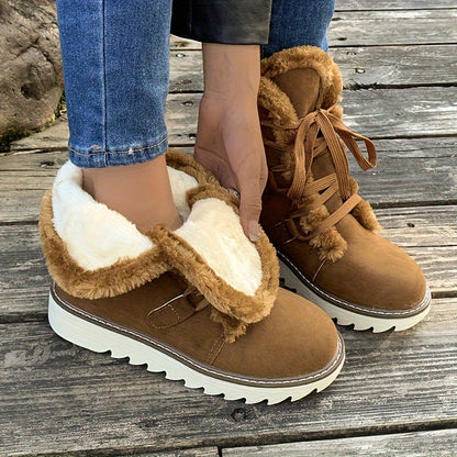 Women's Plush Lined Snow Boots - Solid Color Lace-Up, Anti-Slip, Winter Thermal Mid-Calf Outdoor Boots