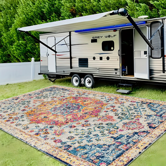 Vintage Boho Outdoor Camping Rug – Non-Slip, Stain-Resistant, Machine Washable for Patio, RV, Balcony, Picnic – Outdoor Decor Carpet