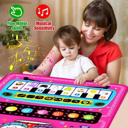 Dual-Function Kids Piano and Drum Play Mat - Educational Music Toy for Toddlers - Polyester Fiber, Pink and Blue - Enhances Musical Sensitivity, Perfect for Ages 0+, Ideal Holiday and Birthday Gift