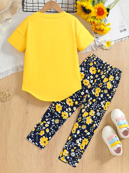 2pcs Little Girls' Adorable Glasses and Alphabet Pattern Outfit - Pant Set with Drop Shoulder Tee, Skinny Crop Leggings, and Cute Accessories