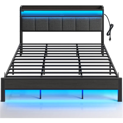 Greenstell Bed Frame with Charging Station and LED Lights - Twin, Full, Queen, King Sizes, PU Leather/Neutral Linen Headboard, Storage Shelves, Heavy Duty Metal Slats, No Box Spring Needed, Noise-Free