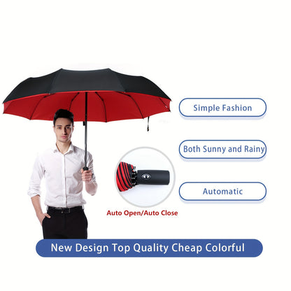 Windproof Travel Umbrella - Sturdy 10-Rib Frame, Automatic, Extra Large Folding Design with UV Protection, Dual Use for Sunny and Rainy Weather