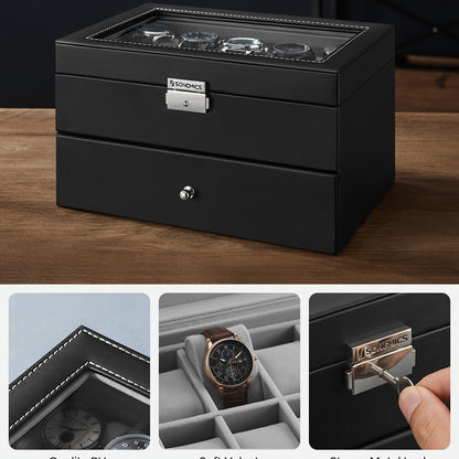 SONGMICS 20-Slot Watch Box - Lockable 2-Layer Display Case with Glass Lid, Black Synthetic Leather and Gray Lining - Ideal Christmas Gift for Men and Women