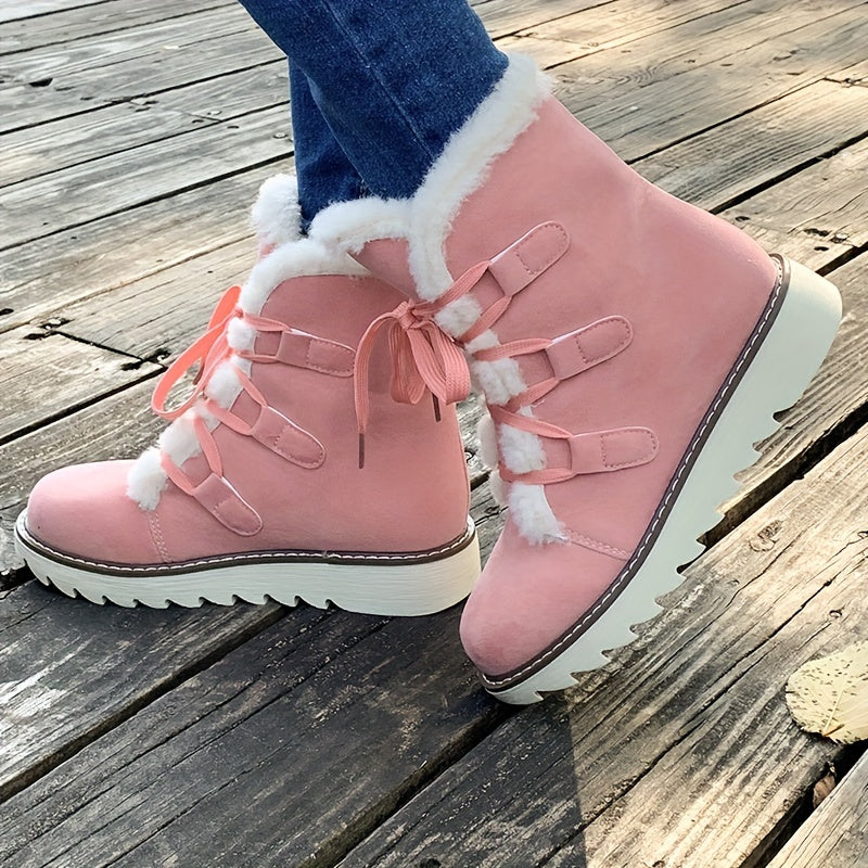 Women's Plush Lined Snow Boots - Solid Color Lace-Up, Anti-Slip, Winter Thermal Mid-Calf Outdoor Boots