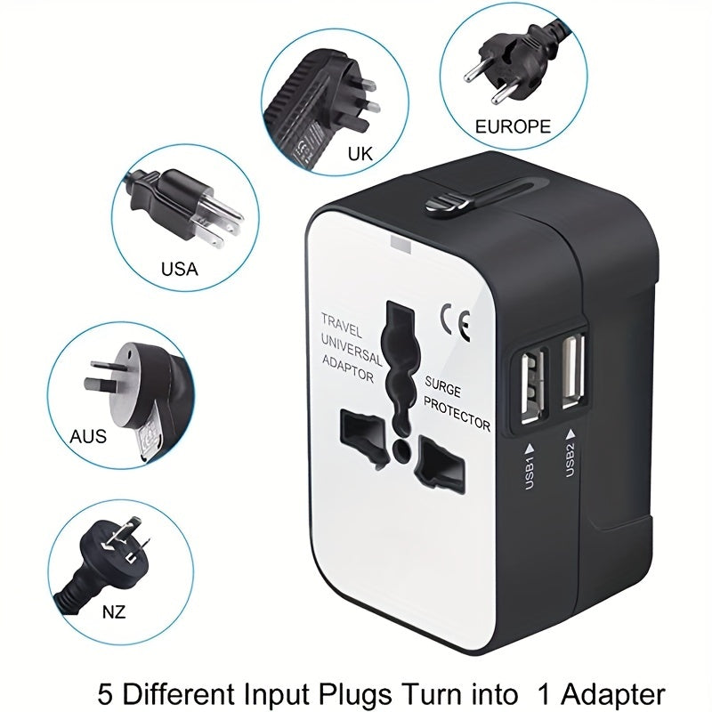 Universal Travel Adapter – All-in-One Quick-Charge Wall Charger with Dual USB Ports – Essential for USA, EU, UK, AUS