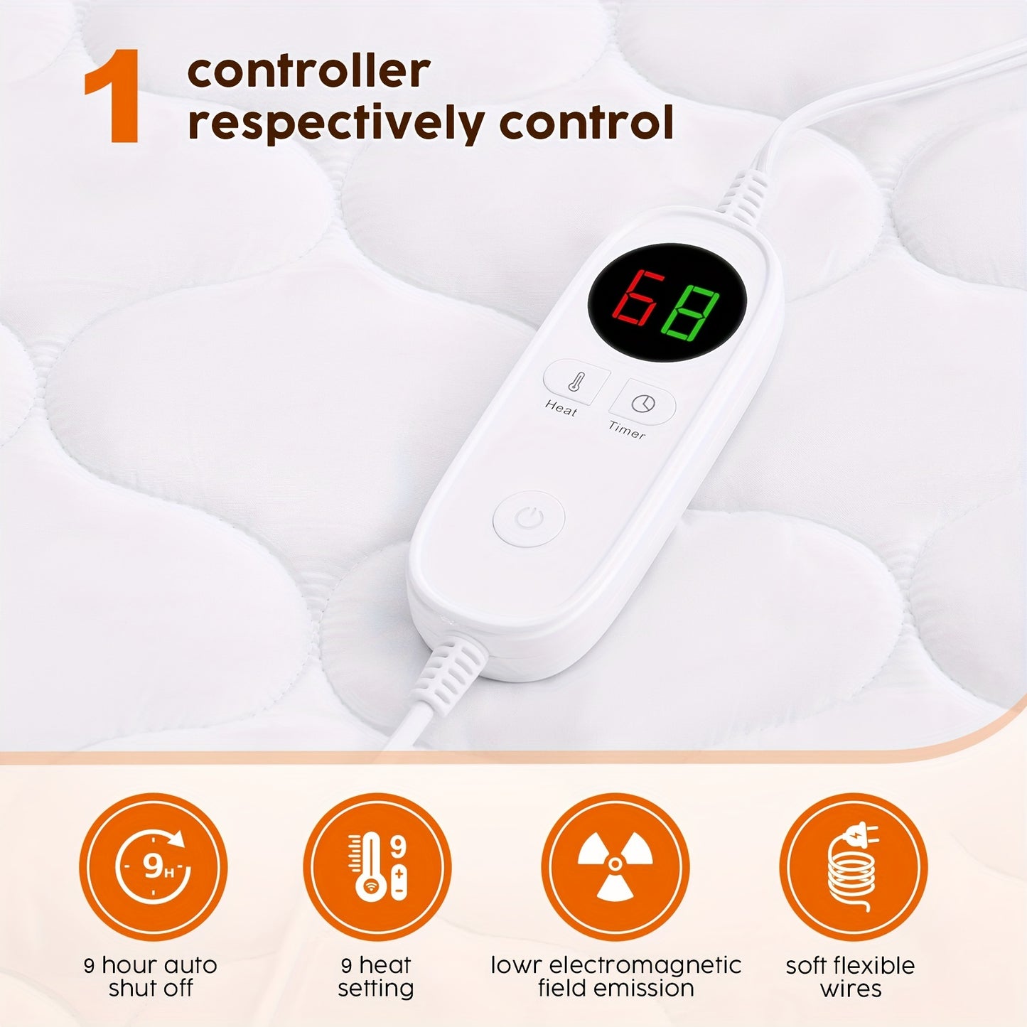 Heated Mattress Pad Queen Size - Dual Controller Electric Bed Warmer, Fast Heating, 9 Heat Settings, 9-Hour Timer with Auto Shut-Off, Deep Pocket