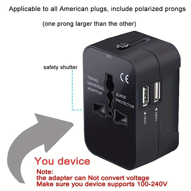 Universal Travel Adapter – All-in-One Quick-Charge Wall Charger with Dual USB Ports – Essential for USA, EU, UK, AUS