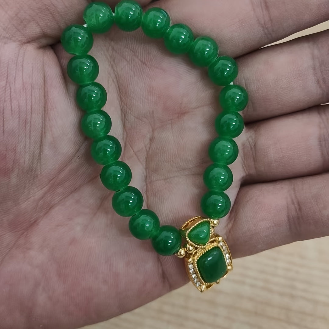 Elegant Boho Green Jade Beaded Bracelet – Handcrafted Chinese Style Jewelry with Synthetic Crystal Pendant, Ideal for Daily and Holiday Wear, Perfect for Christmas