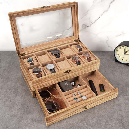 10 Slot Rustic Brown Wooden Watch Box - Large Capacity Display Organizer with Soft Velvet Interior, Perfect Gift for Men and Women (Boyfriend, Father's Day, Birthday, Anniversary)