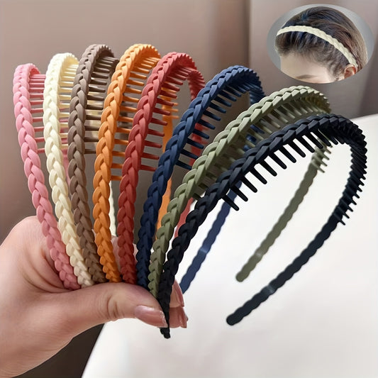 Economic Bohemian Resin Headbands - Set of 8, Twisted Braid Design with Teeth, Solid Color Hairbands for Women, Non-Feathered Accessory Set