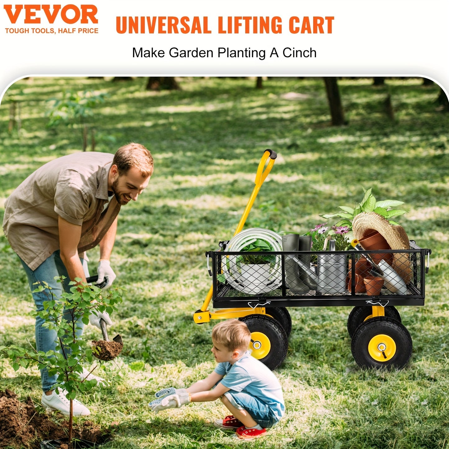 VEVOR Steel Garden Cart - Heavy Duty 500 lbs Capacity, Removable Mesh Sides, Converts to Flatbed, Utility Metal Wagon with 180° Rotating Handle and 10 in Tires, Perfect for Garden