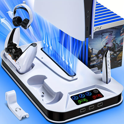 PS5/PS5 Slim/PS5 Pro Cooling Station with Controller Charging Stand - Includes Cooling Fan, 3 USB Hubs, Headset Holder and Screw for Disc/Digital Console - PlayStation 5 Accessories, Christmas Gift