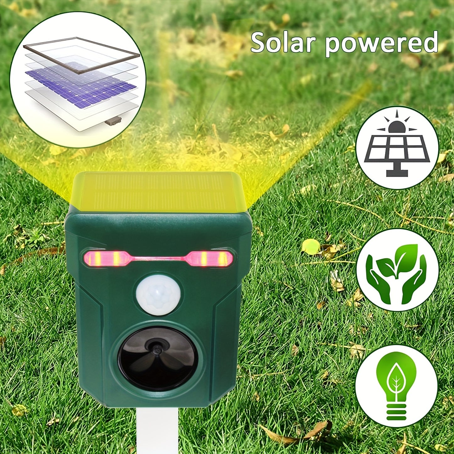 Ultrasonic Animal Repeller - Solar-Powered Outdoor Deterrent with Motion & Light Sensor, Flashing LED Lights, Siren | Repels Cats, Dogs, Deer, Raccoons, Birds, Skunks, Squirrels, Rabbits