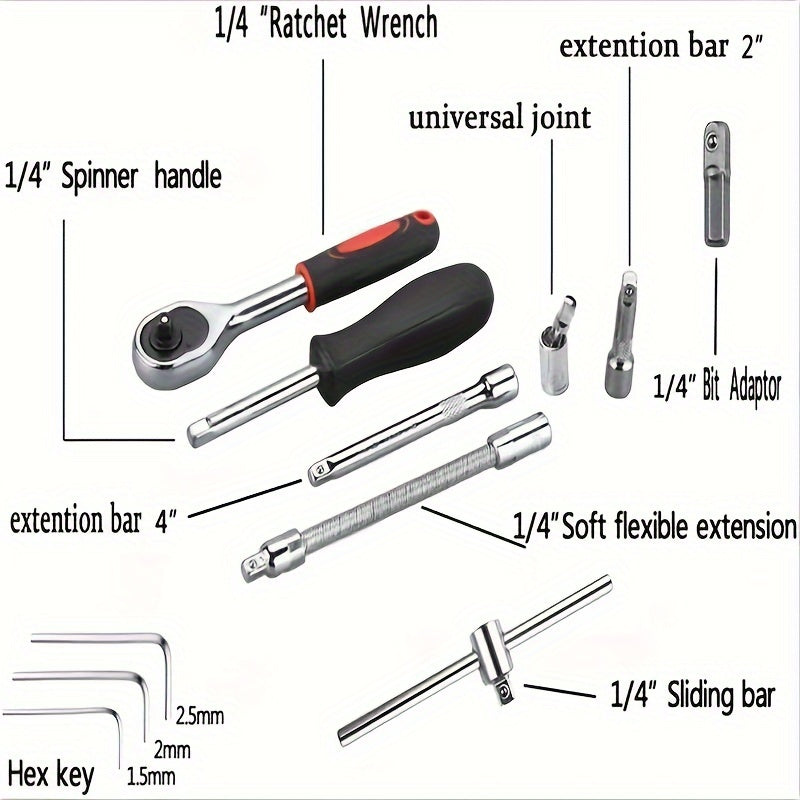 46-Piece 1/4 Inch Drive Socket Ratchet Wrench Set with Bit Sockets and Extension Bar – Includes Storage Case for Auto Repair and Household Use